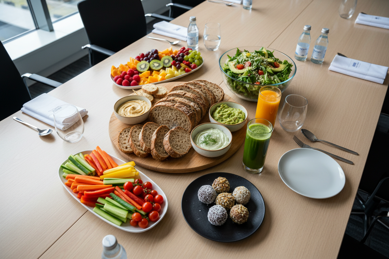 ein vollwertiges gesundes veganes Frühstück als Catering für ein team meeting mit Vollkornbrot, frischer Saft, Salatschale, Dips, Obst, Gemüse und Energy Balls. im Querformat 16:9